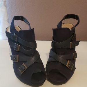 Navy blue suede peep toe heels